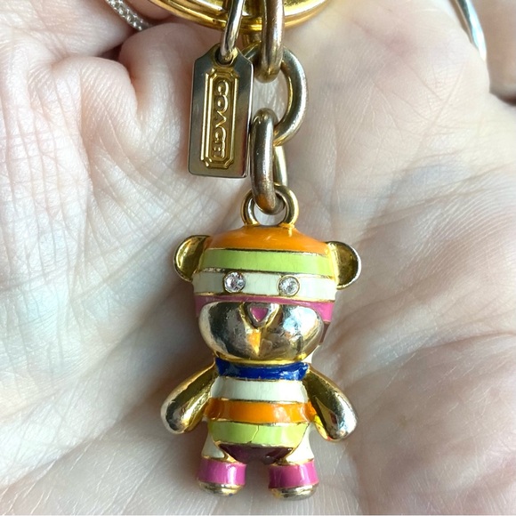 COACH RARE Metal Vintage Legacy Striped Teddy Bear Keychain w Gemstone Eyes GUC - Picture 2 of 7